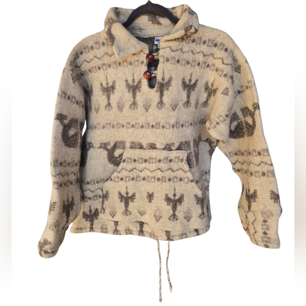 Latincrafts Otavalo Handcrafted 2 Button Wool Sweater Kangaroo Pocket No Sz Tag